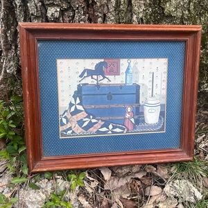 VINTAGE PAT PEARSON FRAMED FOLK ART PRINT RUSTIC FARMHOUSE